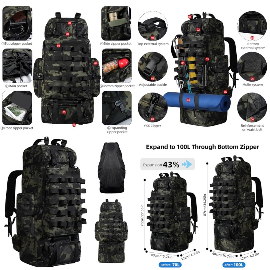 Rain Cover Backpack - 70L/100L Camping Hiking Backpack with Rain